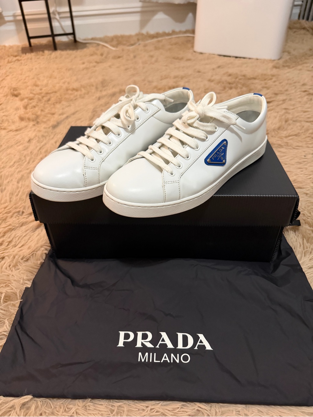 Prada White Leather Low-Top Sneakers With Blue Triangle Logo